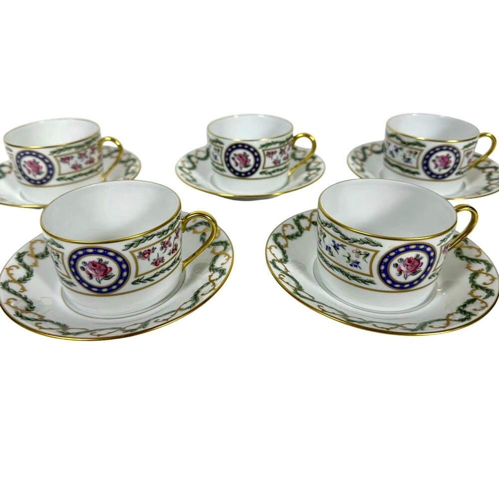 Haviland Limoges "Louveciennes" Flat Cups/Saucers-Set of 5-France-Pristine Mint!